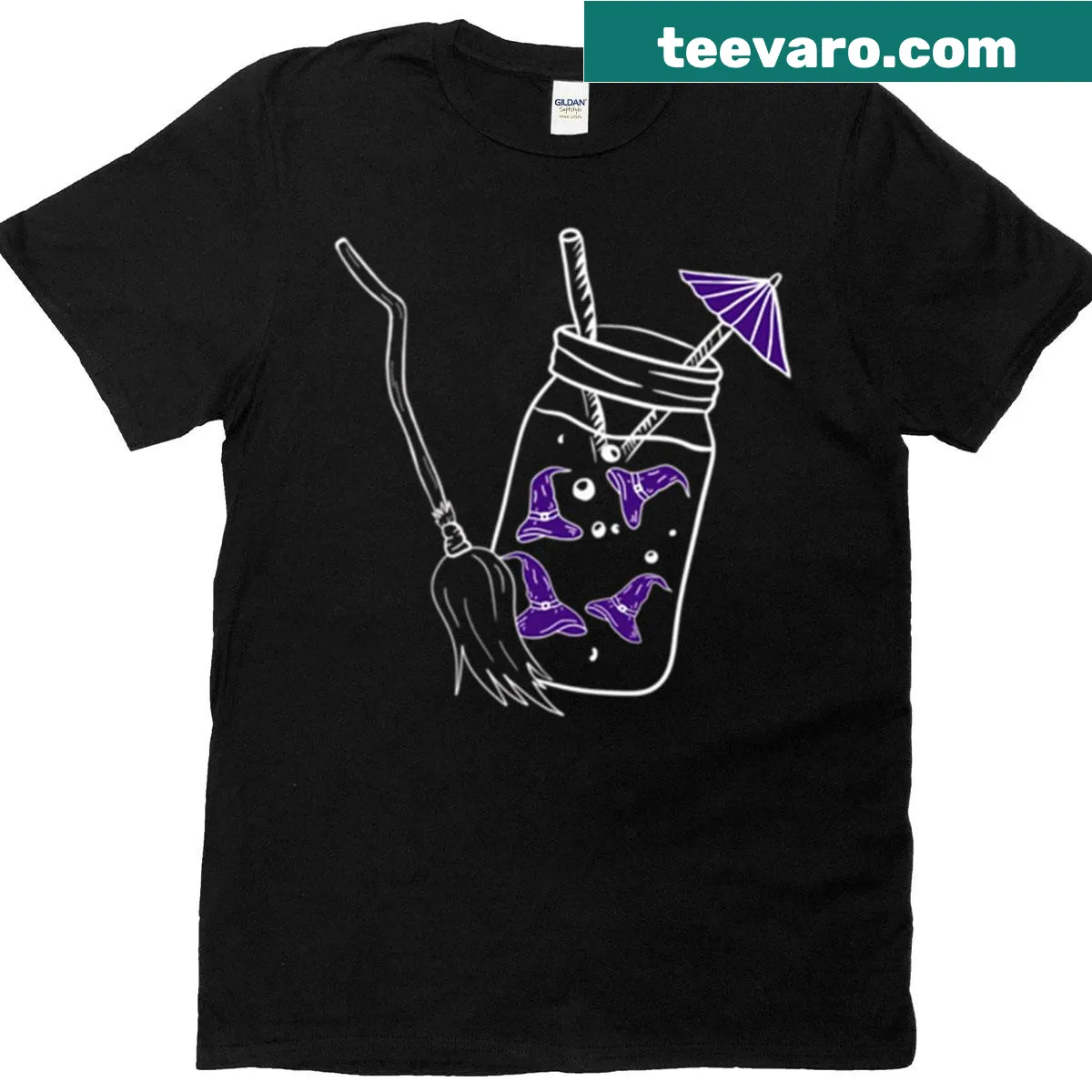 Whimsical T-shirt featuring a purple witchy jar illustration — on a men's t-shirt