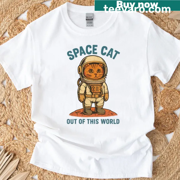 Playful Space Cat T-shirt featuring a cat among stars and planets