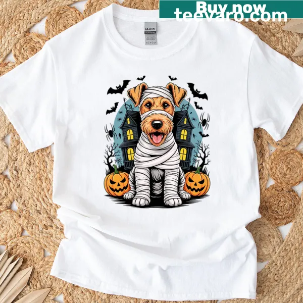 Cute Airedale Terrier mummy graphic on a Halloween t-shirt