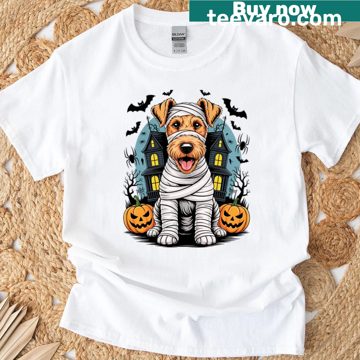 Cute Airedale Terrier mummy graphic on a Halloween t-shirt — on a men's t-shirt