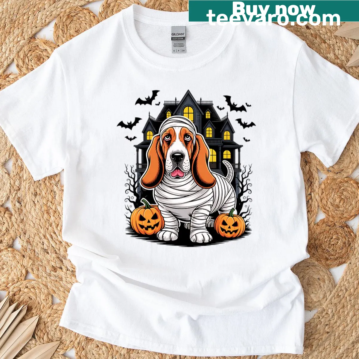 Cartoon Basset Hound in mummy costume on Halloween T-shirt — on a men's t-shirt