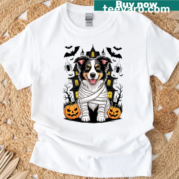 Halloween t-shirt featuring a spooky mummy Border Collie graphic