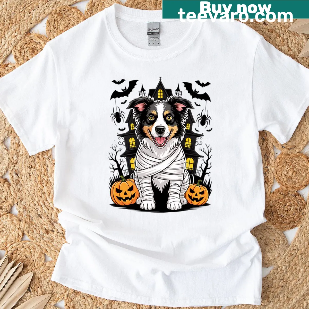 Halloween t-shirt featuring a spooky mummy Border Collie graphic — on a men's t-shirt