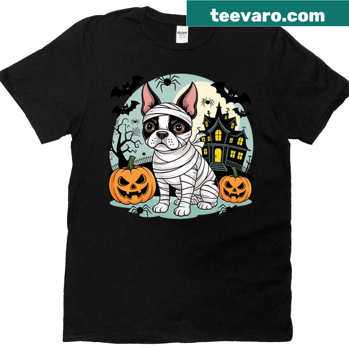 Boston Terrier Halloween t-shirt featuring a mummy design in vintage style — on a men's t-shirt
