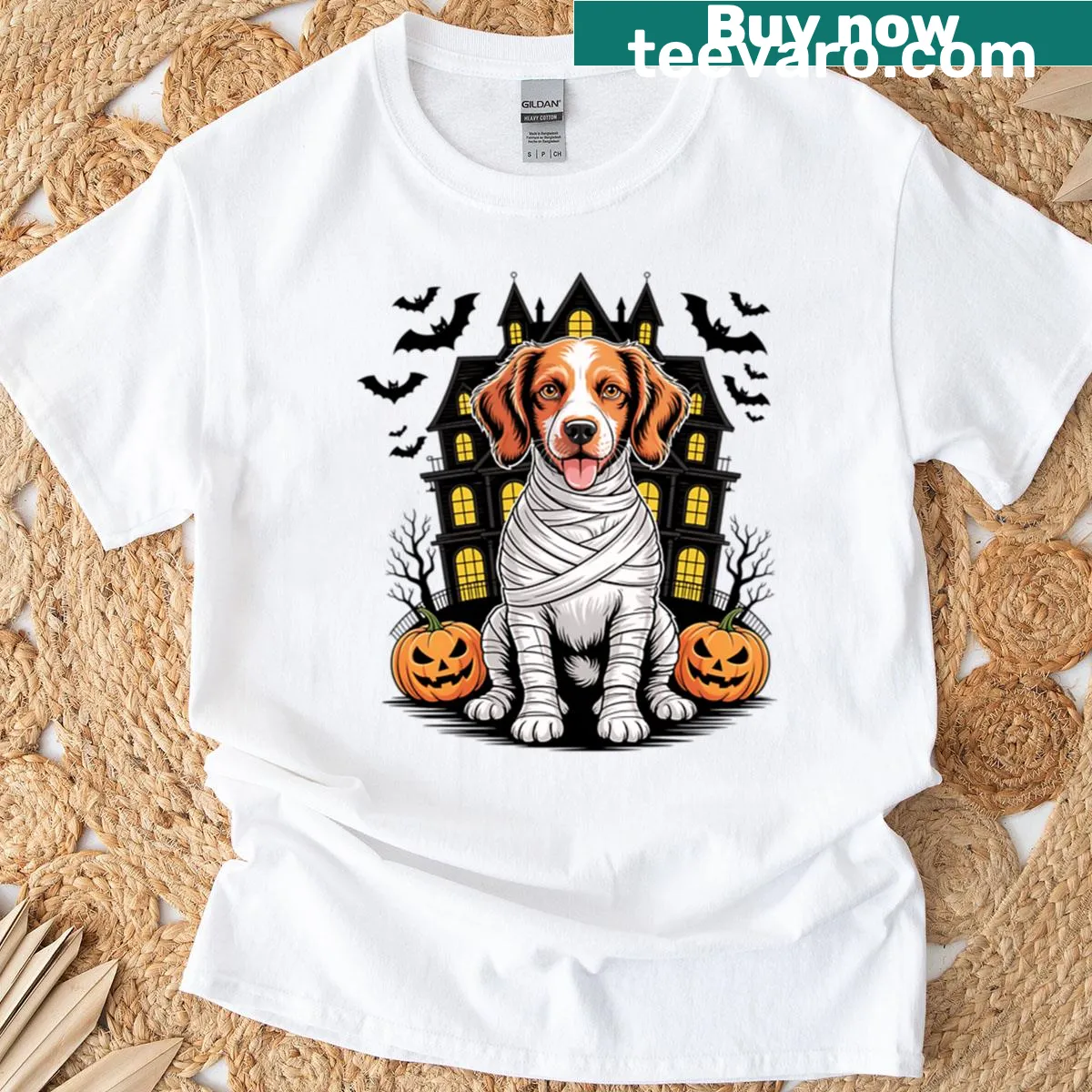 Adorable Halloween T-shirt featuring a mummy Brittany Spaniel design — on a men's t-shirt