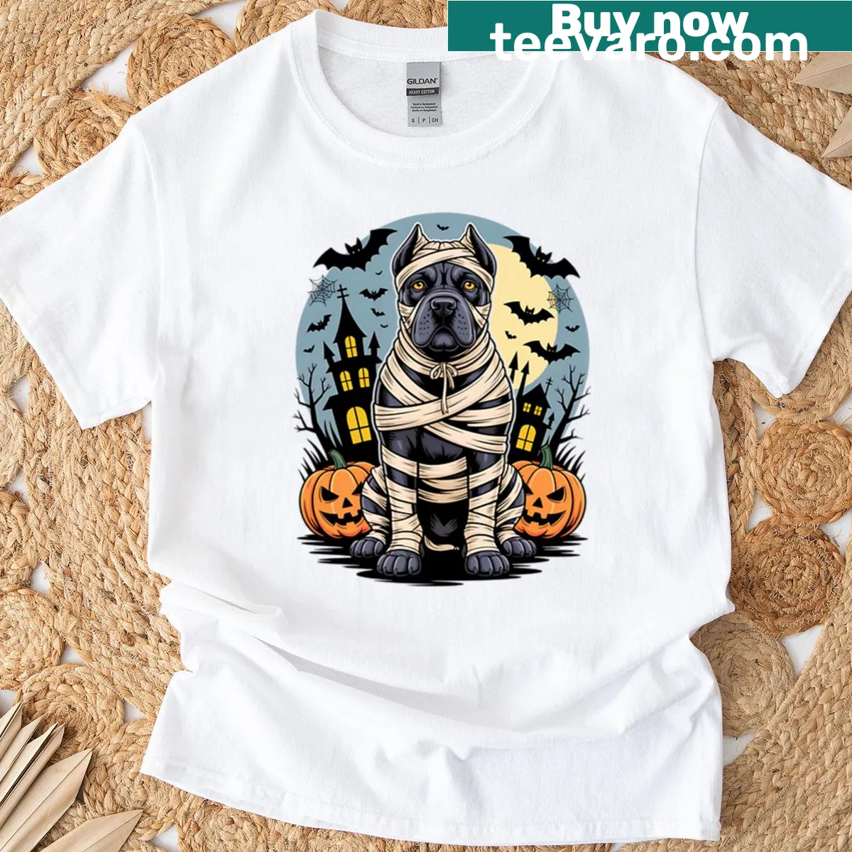 Cane Corso mummy graphic on an oversized Halloween t-shirt — on a men's t-shirt