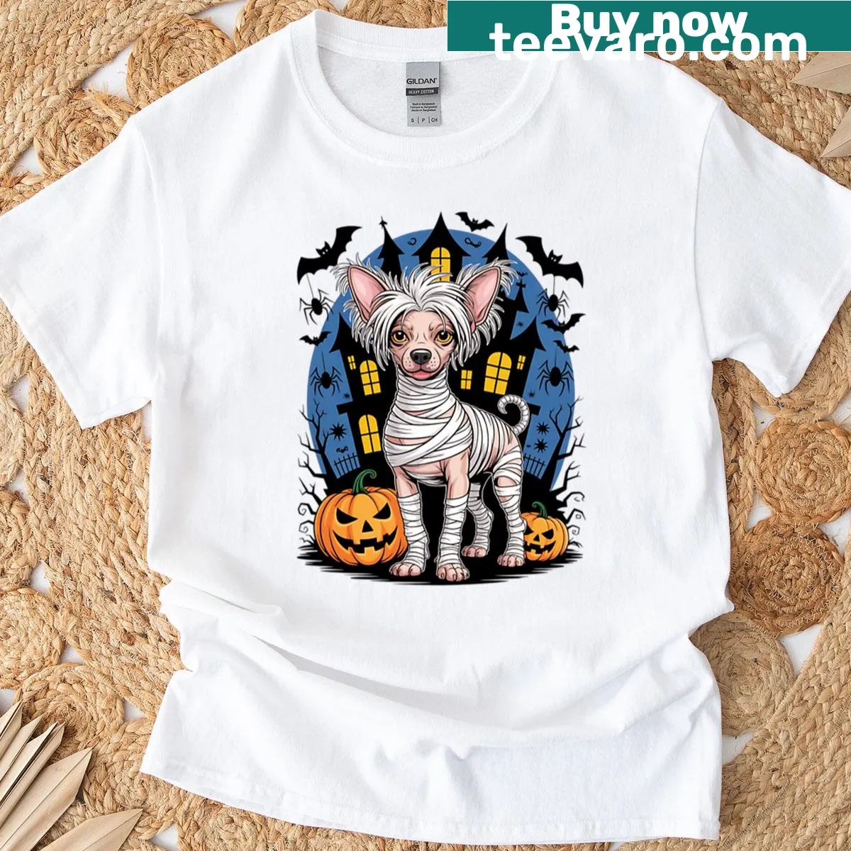 Oversized Halloween t-shirt with a spooky mummy Chinese Crested graphic — on a men's t-shirt
