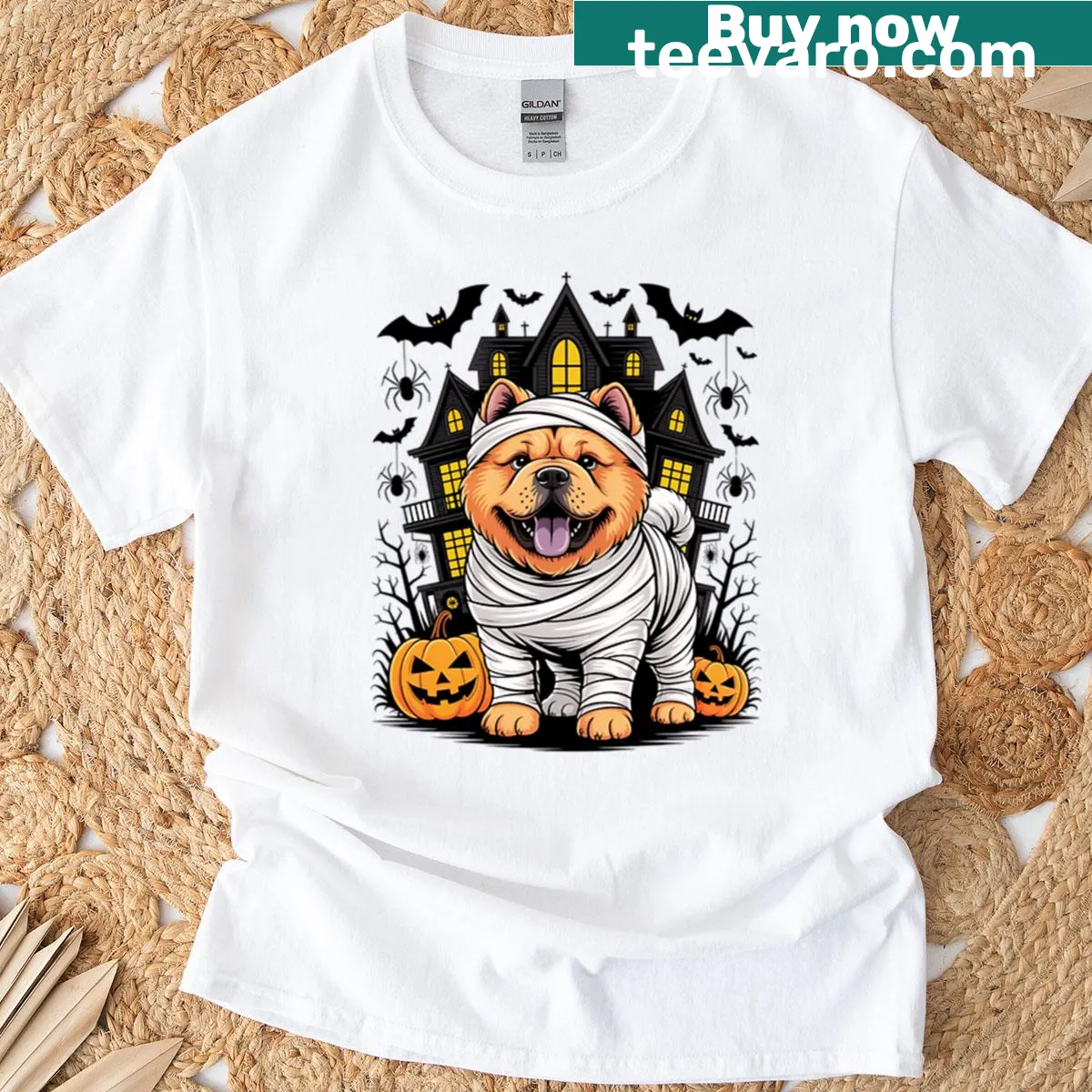 T-shirt featuring a Chow Chow dog dressed as a mummy for Halloween — on a men's t-shirt