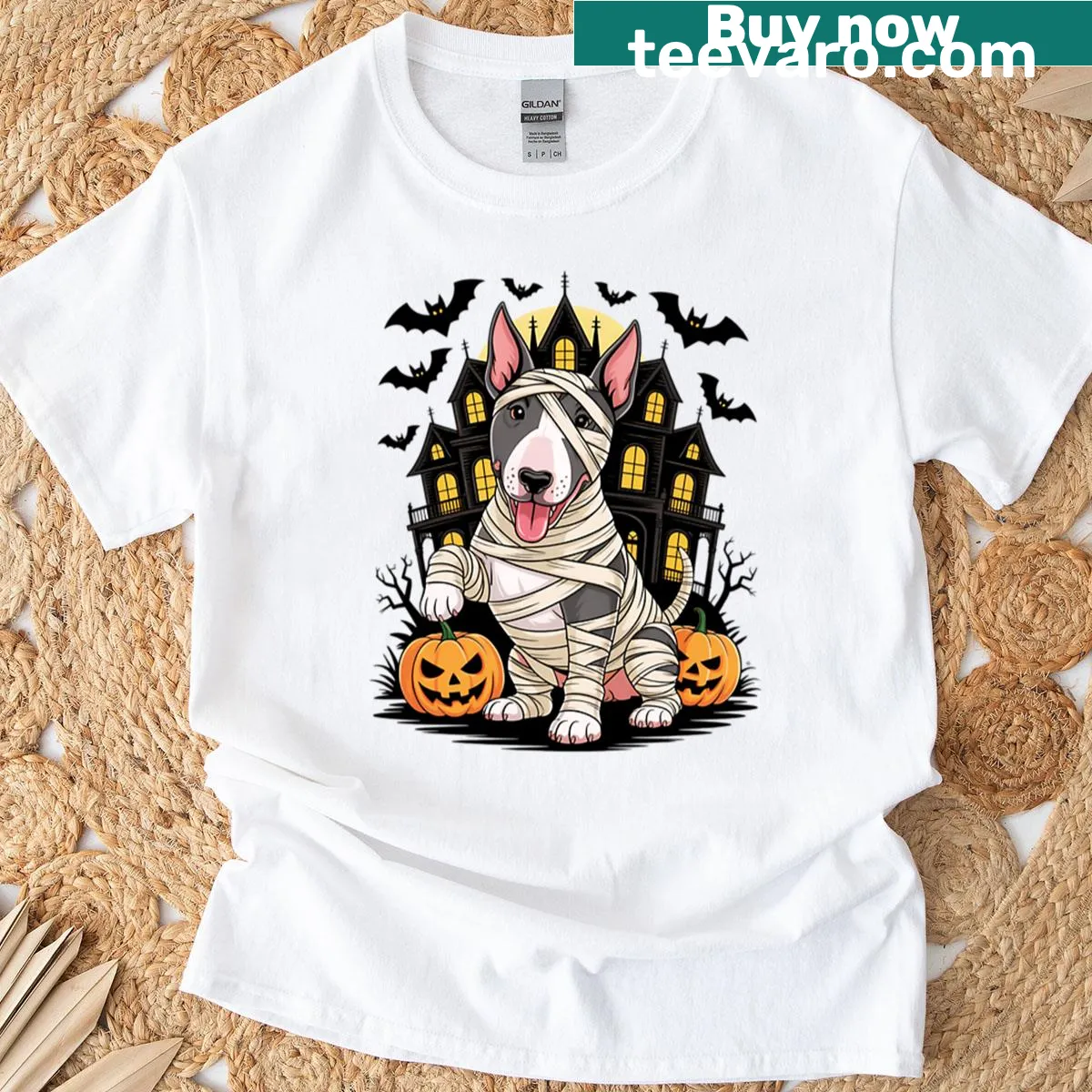 Halloween t-shirt featuring a spooky mummy English Bull Terrier graphic — on a men's t-shirt