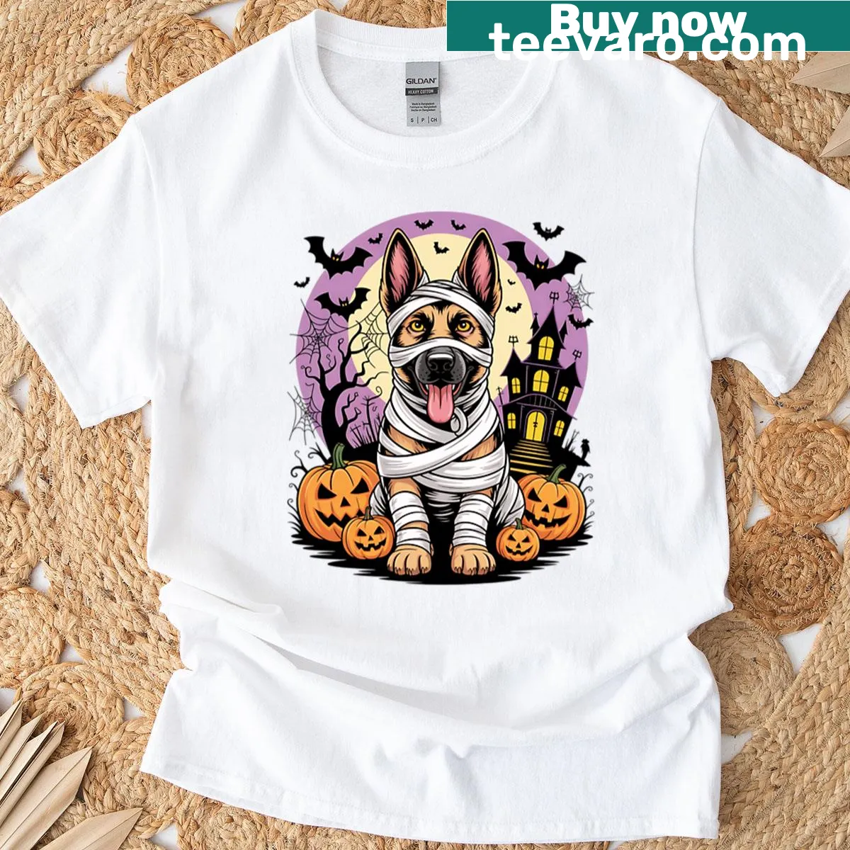 Mummy costumed German Shepherd for Halloween on a T-shirt — on a men's t-shirt
