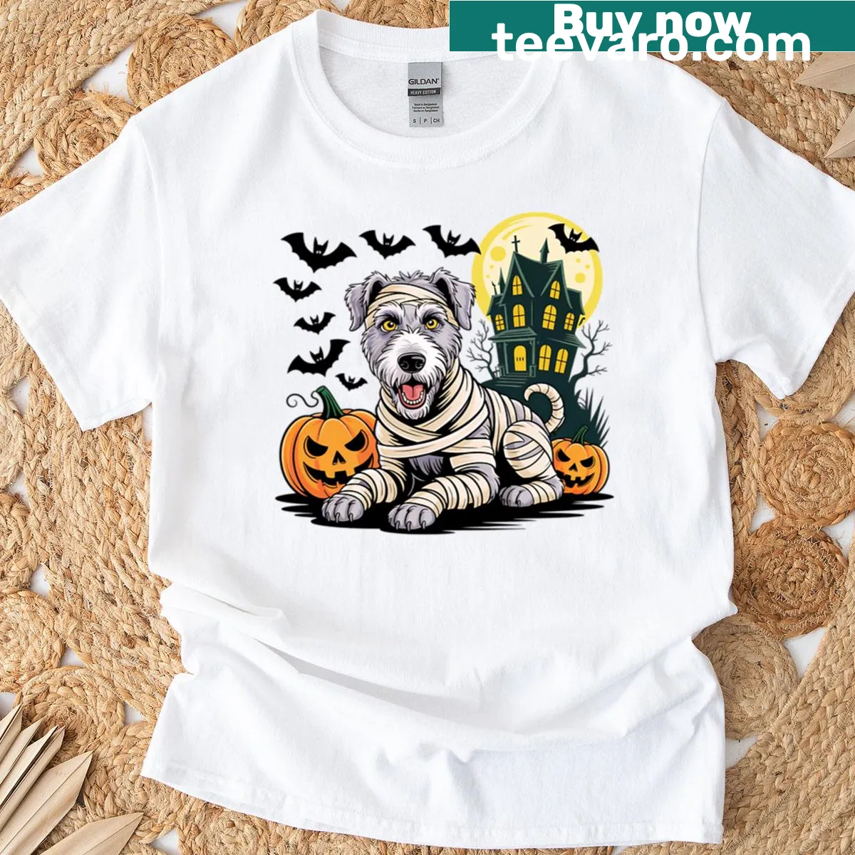 Oversized Halloween t-shirt with a spooky mummy Irish Wolfhound graphic — on a men's t-shirt
