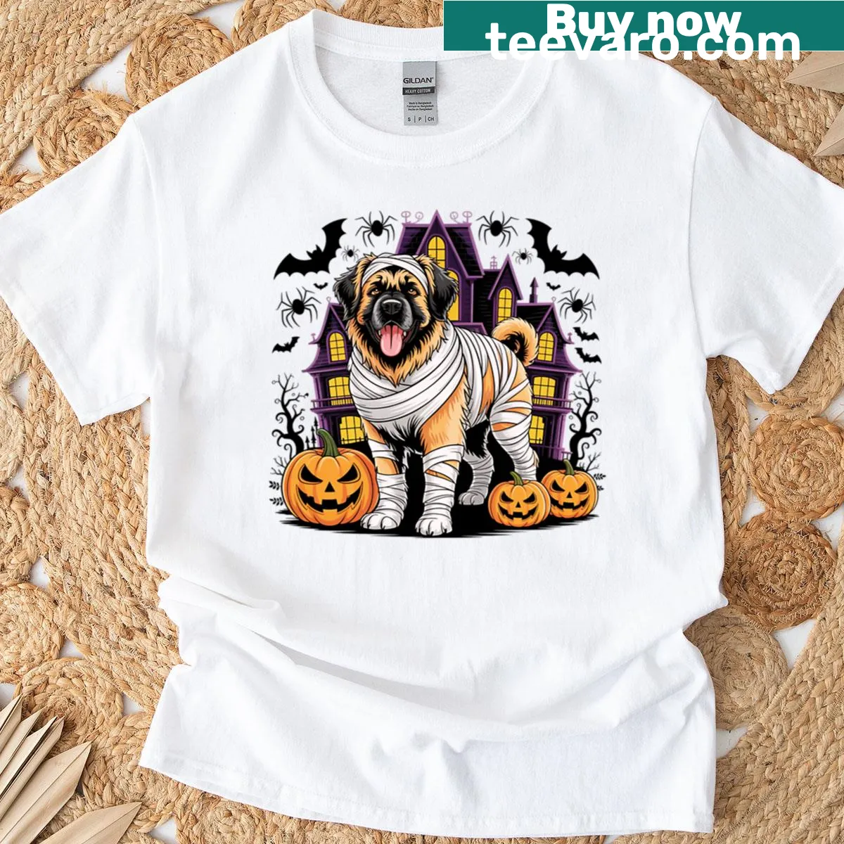 Halloween t-shirt featuring a spooky mummy Leonberger graphic — on a men's t-shirt