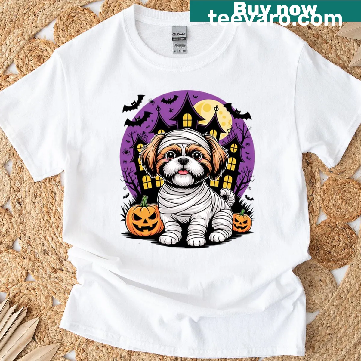 Illustration of a Shih Tzu dog dressed as a mummy — on a men's t-shirt