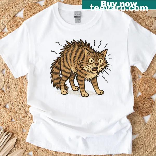 Cartoon graphic of a startled cat on a humorous t-shirt