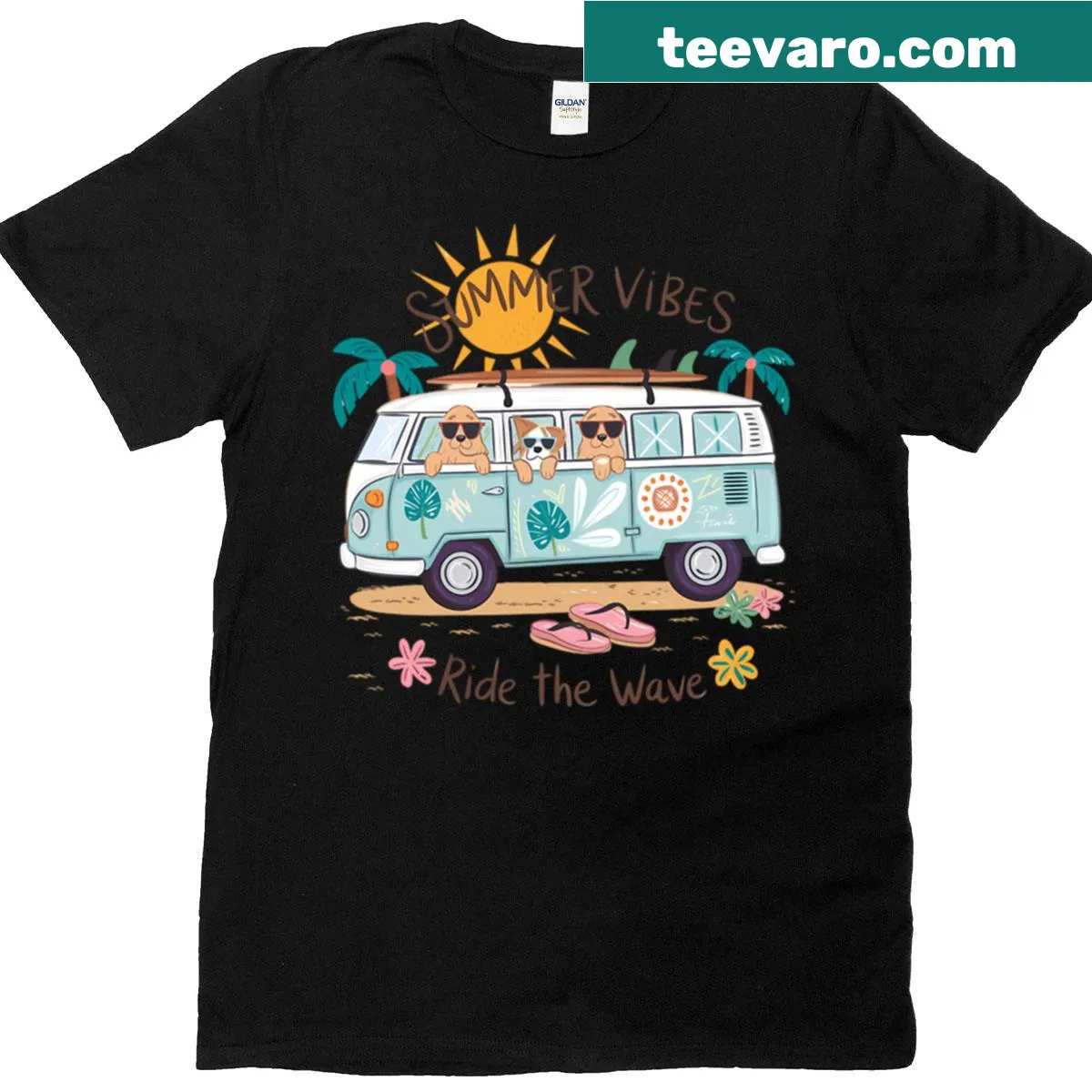 Illustrated t-shirt with playful dogs in a van and 'Ride The Wave' text — on a men's t-shirt