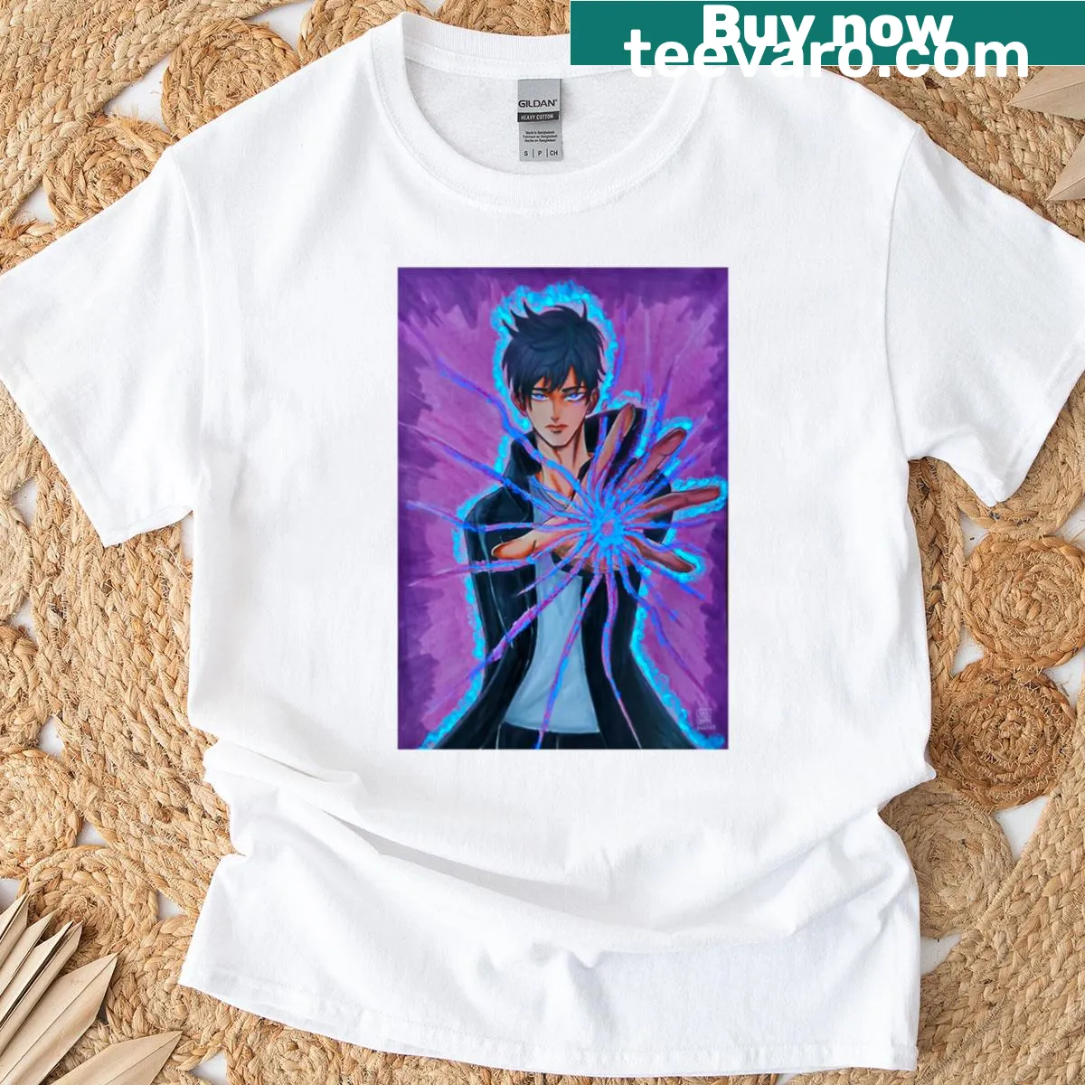 T-shirt featuring an action-packed graphic of Sung Jinwoo — on a men's t-shirt