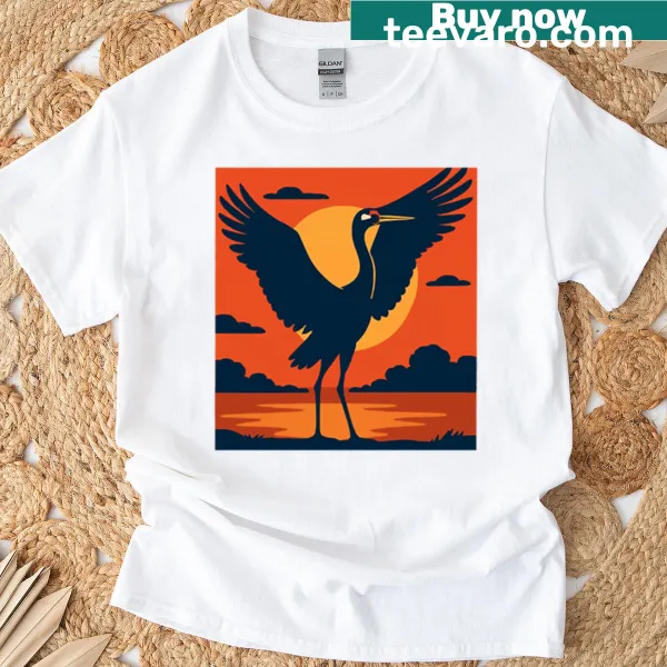 Silhouette of a crane at sunset on an oversized T-shirt