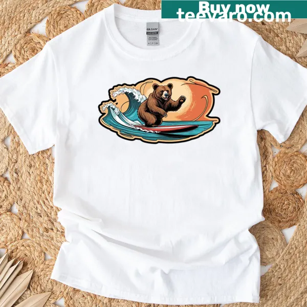 Cartoon T-shirt featuring a bear riding a wave