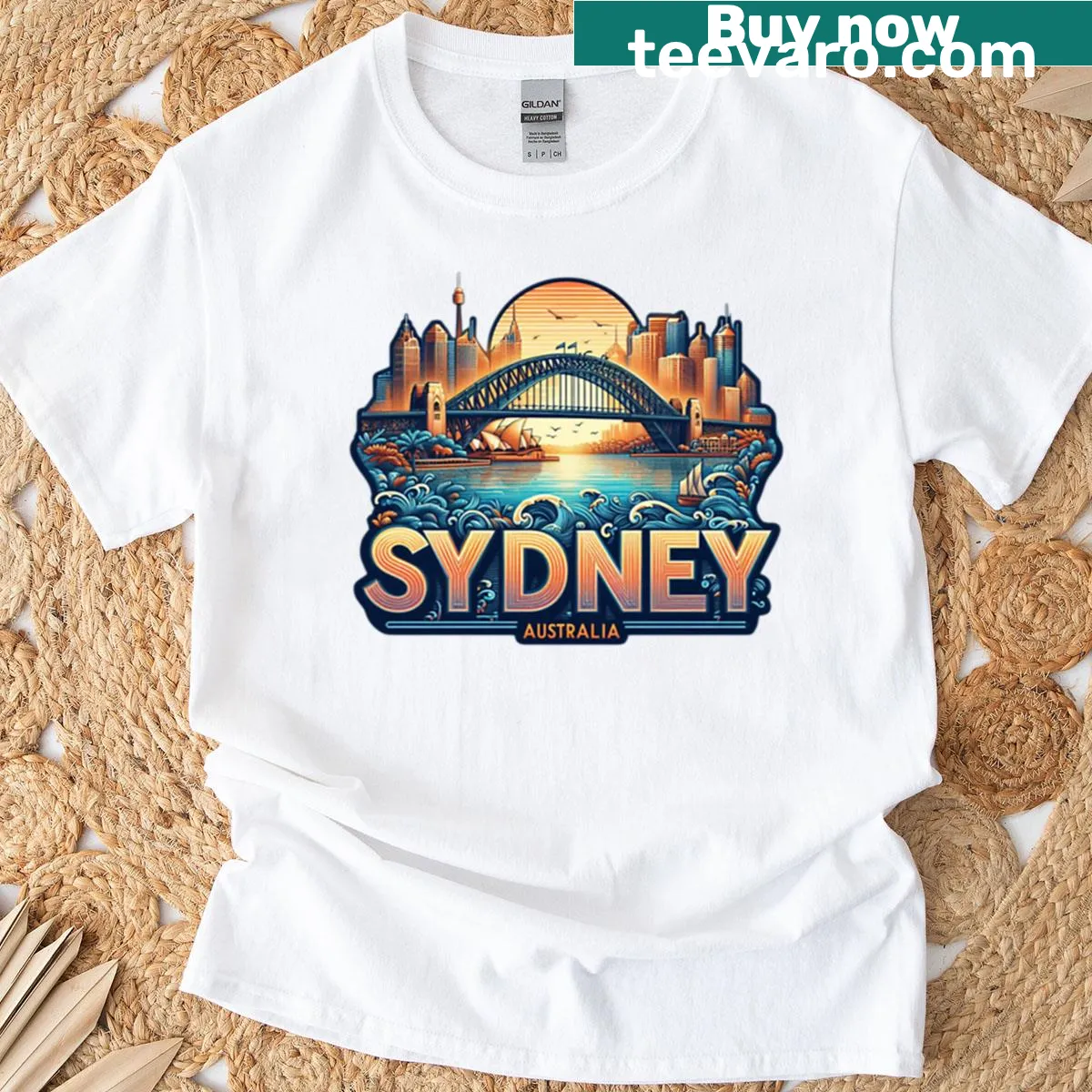 T-shirt featuring Sydney Australia skyline and typography — on a men's t-shirt