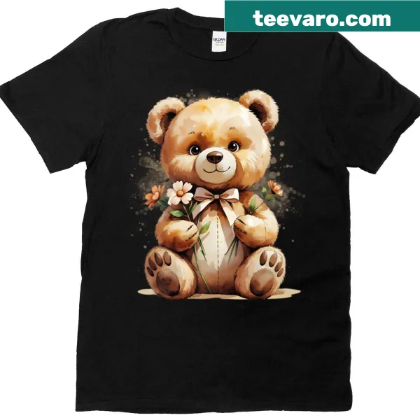 Cute teddy bear illustration surrounded by flowers on t-shirt