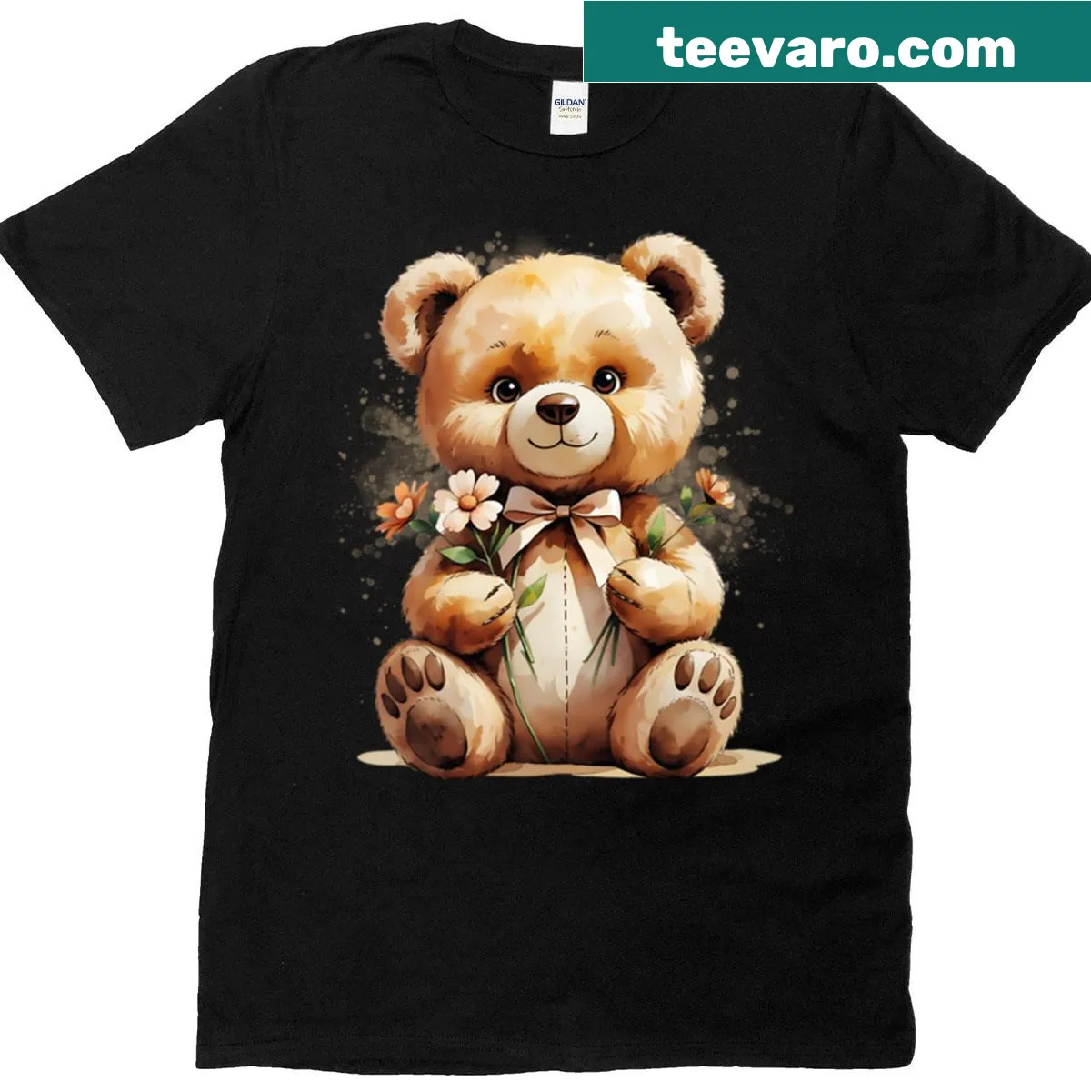 Cute teddy bear illustration surrounded by flowers on t-shirt — on a men's t-shirt