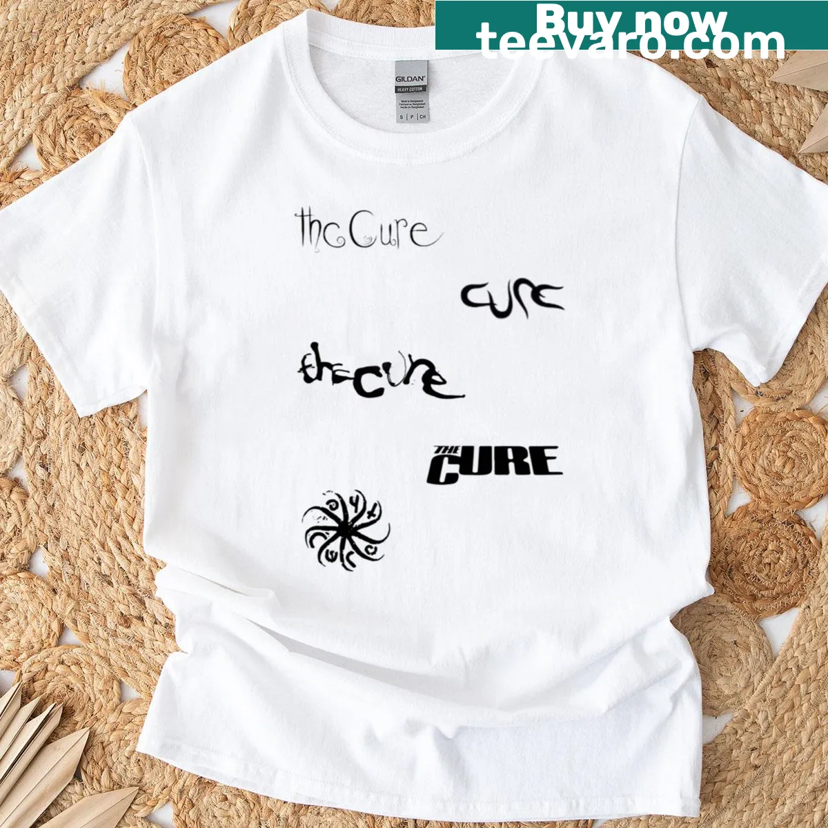 Oversized T-shirt featuring The Cure's iconic logo pack — on a men's t-shirt