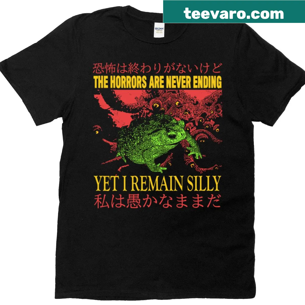 Vintage-style t-shirt featuring a whimsical frog design with Japanese elements — on a men's t-shirt