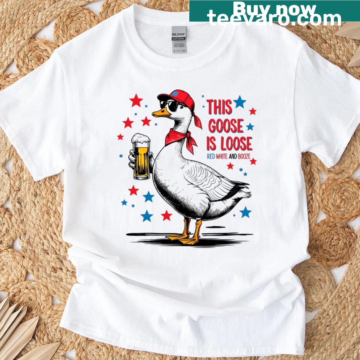 Patriotic T-shirt featuring a playful goose graphic and festive text — on a men's t-shirt