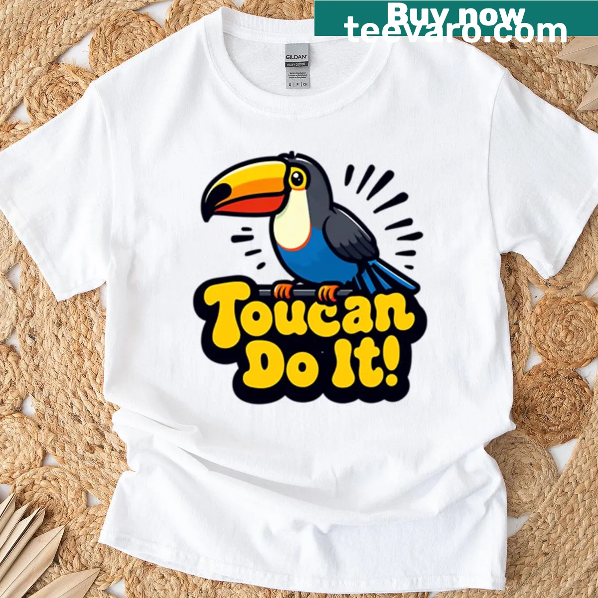 Cartoon toucan encouraging a motivational message on a T-shirt — on a men's t-shirt