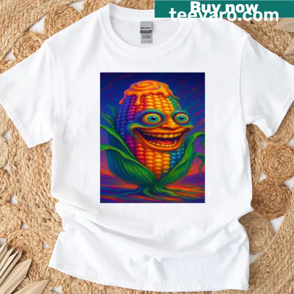 Graphic T-shirt featuring a corn wizard in a colorful cosmic setting