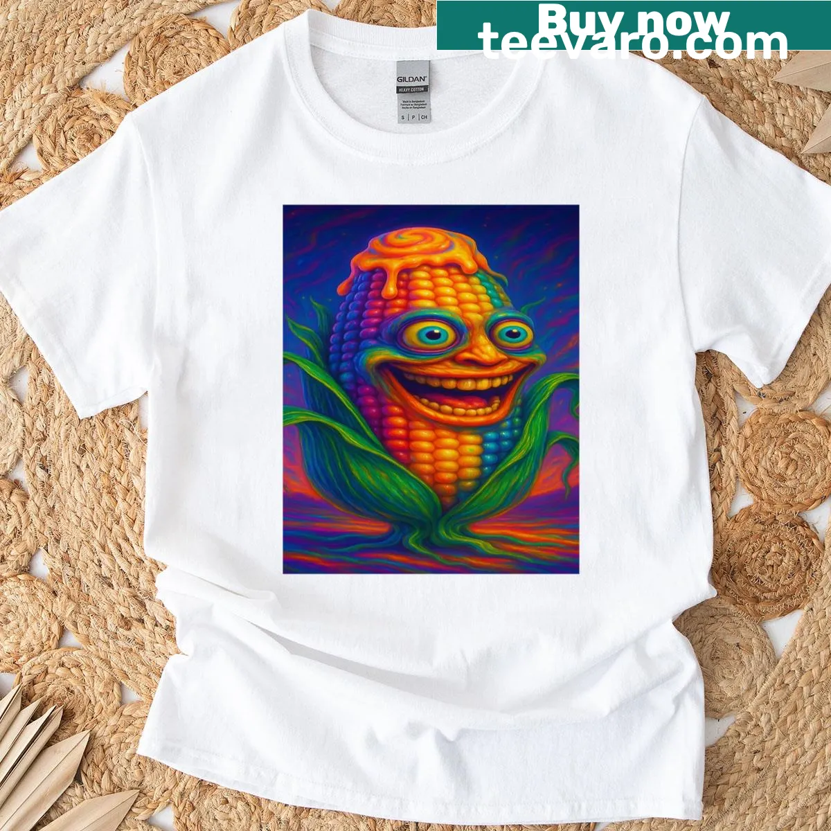 Graphic T-shirt featuring a corn wizard in a colorful cosmic setting — on a men's t-shirt