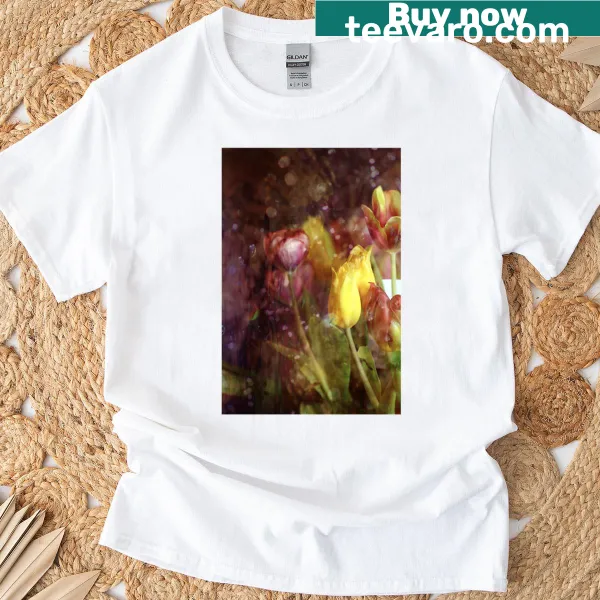 Premium T-shirt with an illustration of tulips in the rain, evoking tranquility.