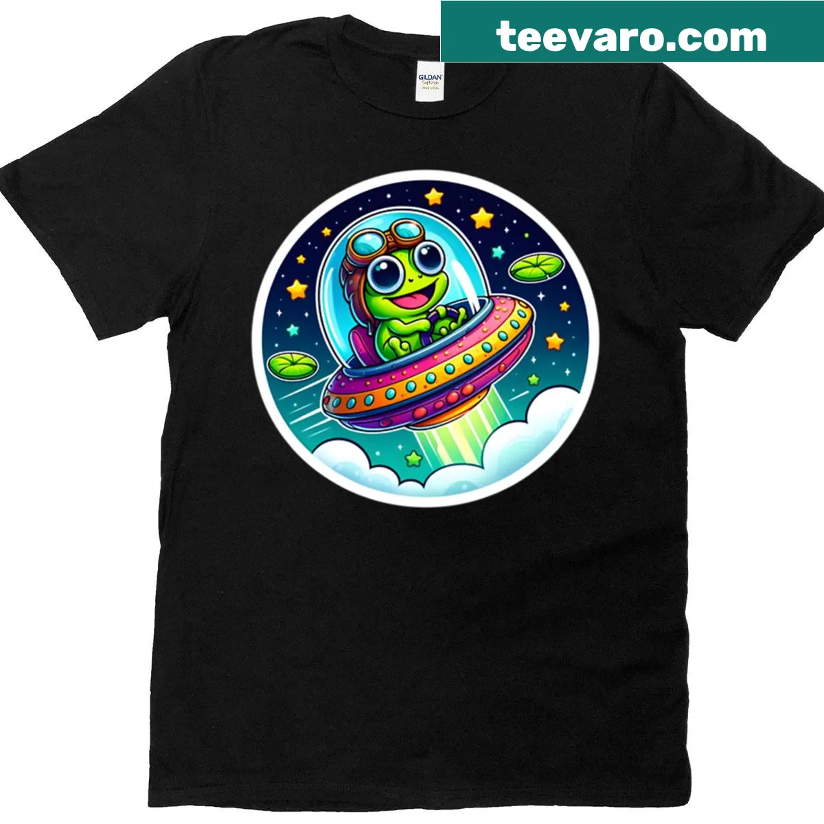 Kawaii frog and UFO design t-shirt with cute illustration — on a men's t-shirt