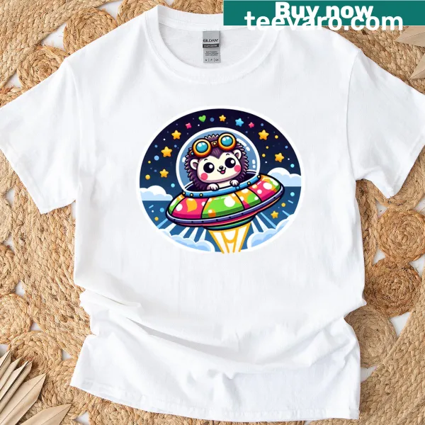 Kawaii hedgehog graphic in a UFO on T-shirt