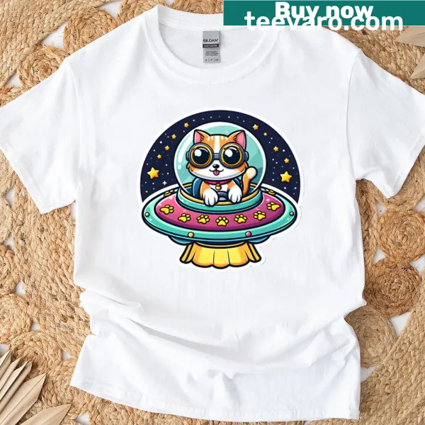 Kawaii-style kitty inside a UFO graphic on a T-shirt