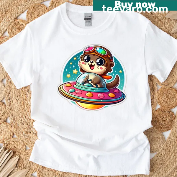 Kawaii otter graphic in a UFO on oversized T-shirt