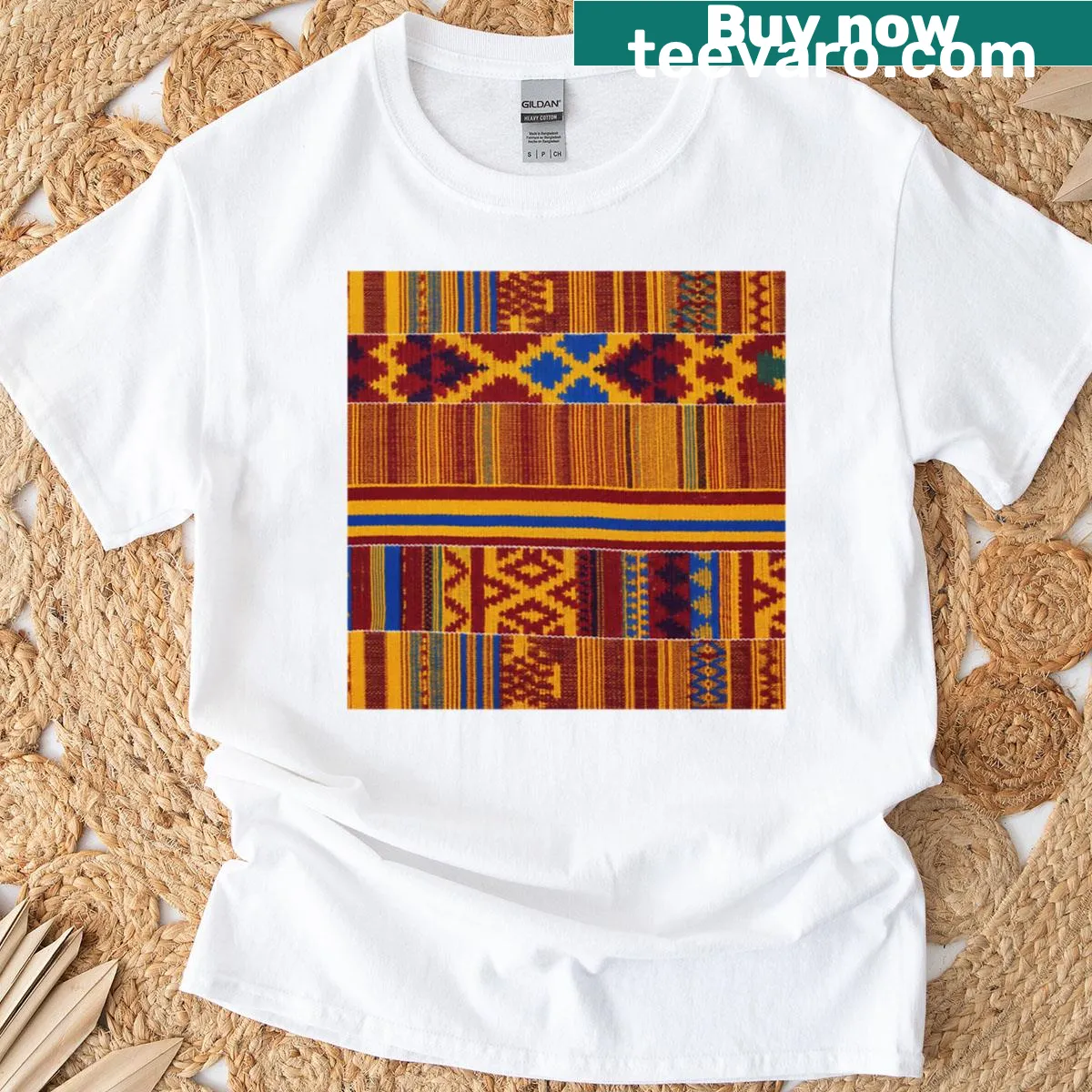 T-shirt featuring a Kente cloth pattern design — on a men's t-shirt