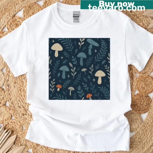 Premium T-shirt with a seamless pattern of a vintage midnight mushroom forest design.