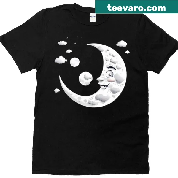 Crescent moon face with clouds illustration on a T-shirt