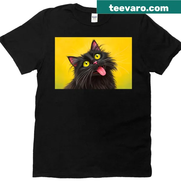 Whimsical illustration of a long-furred black cat on a premium t-shirt