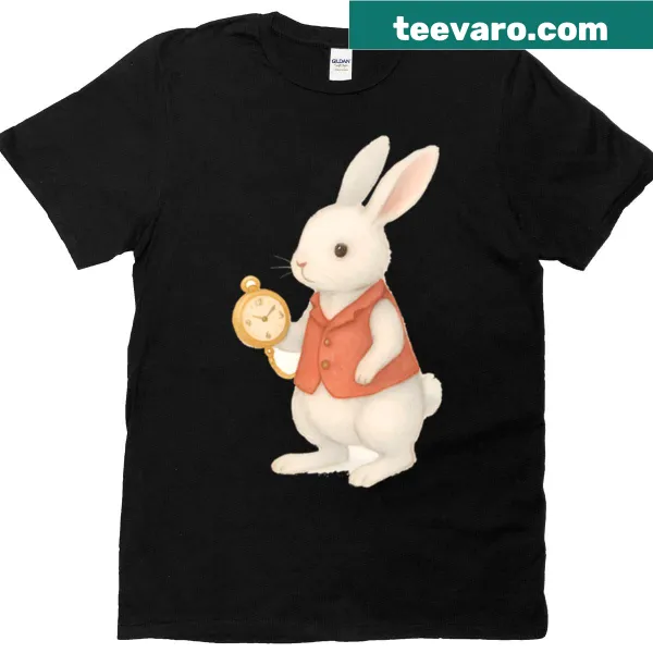 Illustration of a white rabbit with a pocket watch on a T-shirt