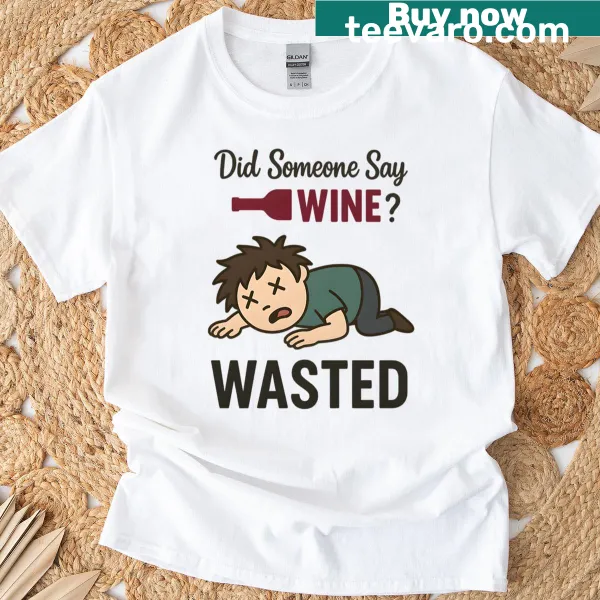 T-shirt featuring playful graphic of wine pairings with food items