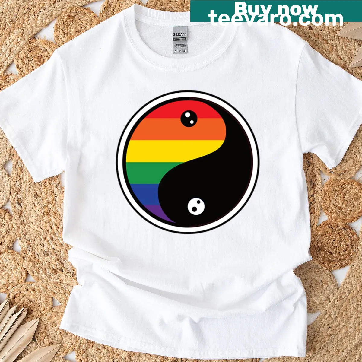 Yin Yang T-shirt with a rainbow-inspired abstract design — on a men's t-shirt