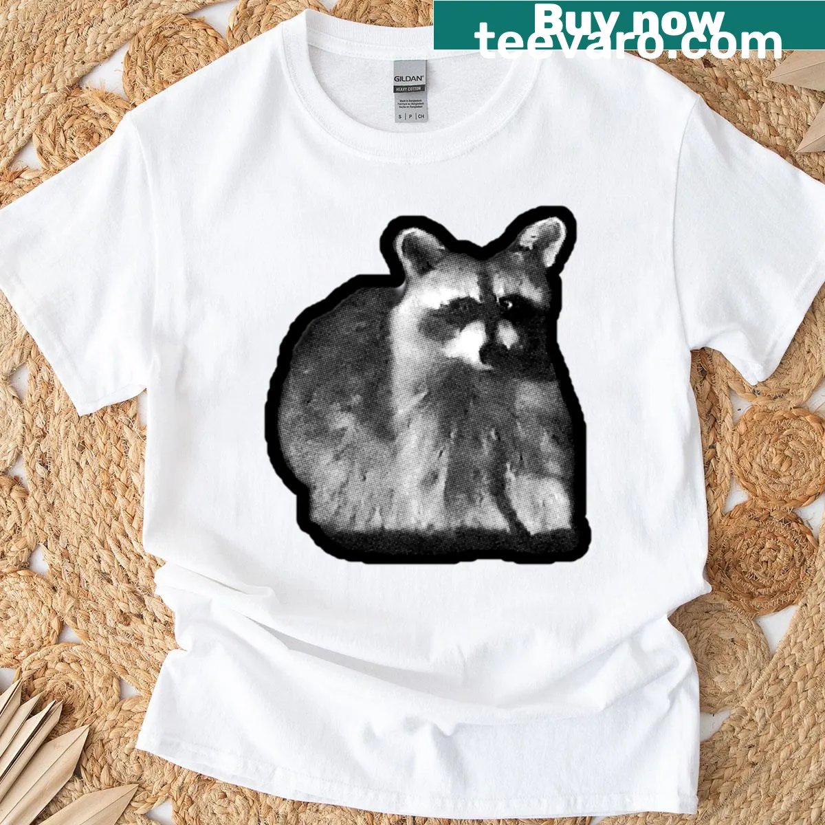 Cartoon illustrated T-shirt featuring a playful raccoon design — on a men's t-shirt