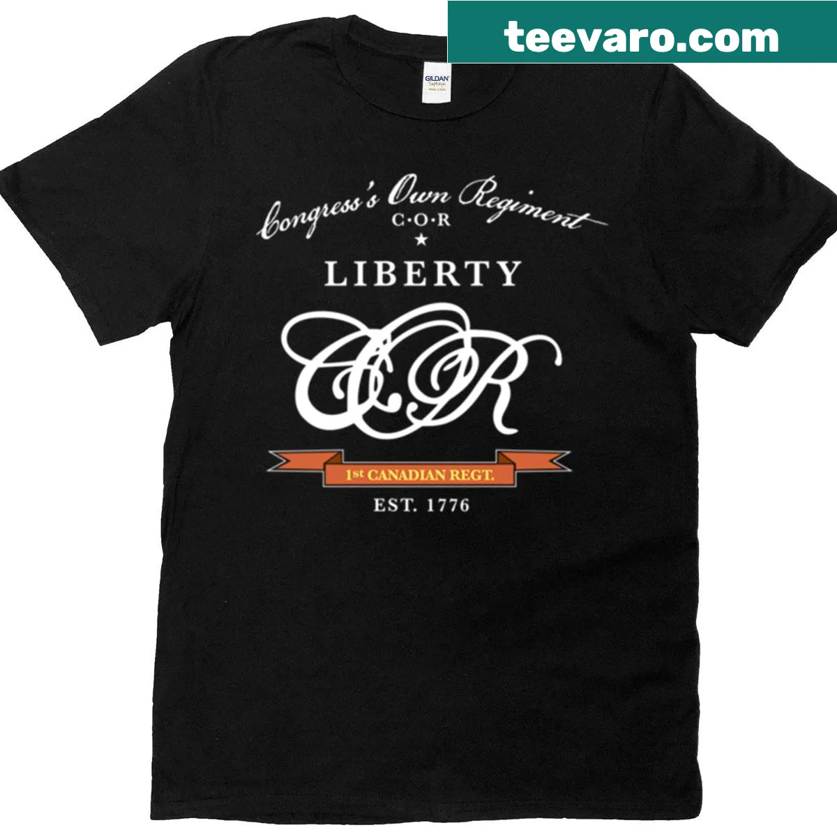 T-shirt featuring the emblem of the 1st Canadian Regiment Cor 1776 — on a men's t-shirt