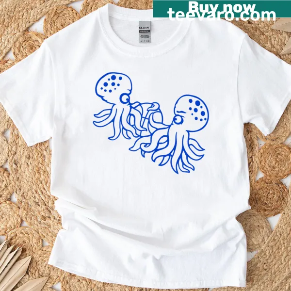 Fun T-shirt with two octopuses playing basketball.
