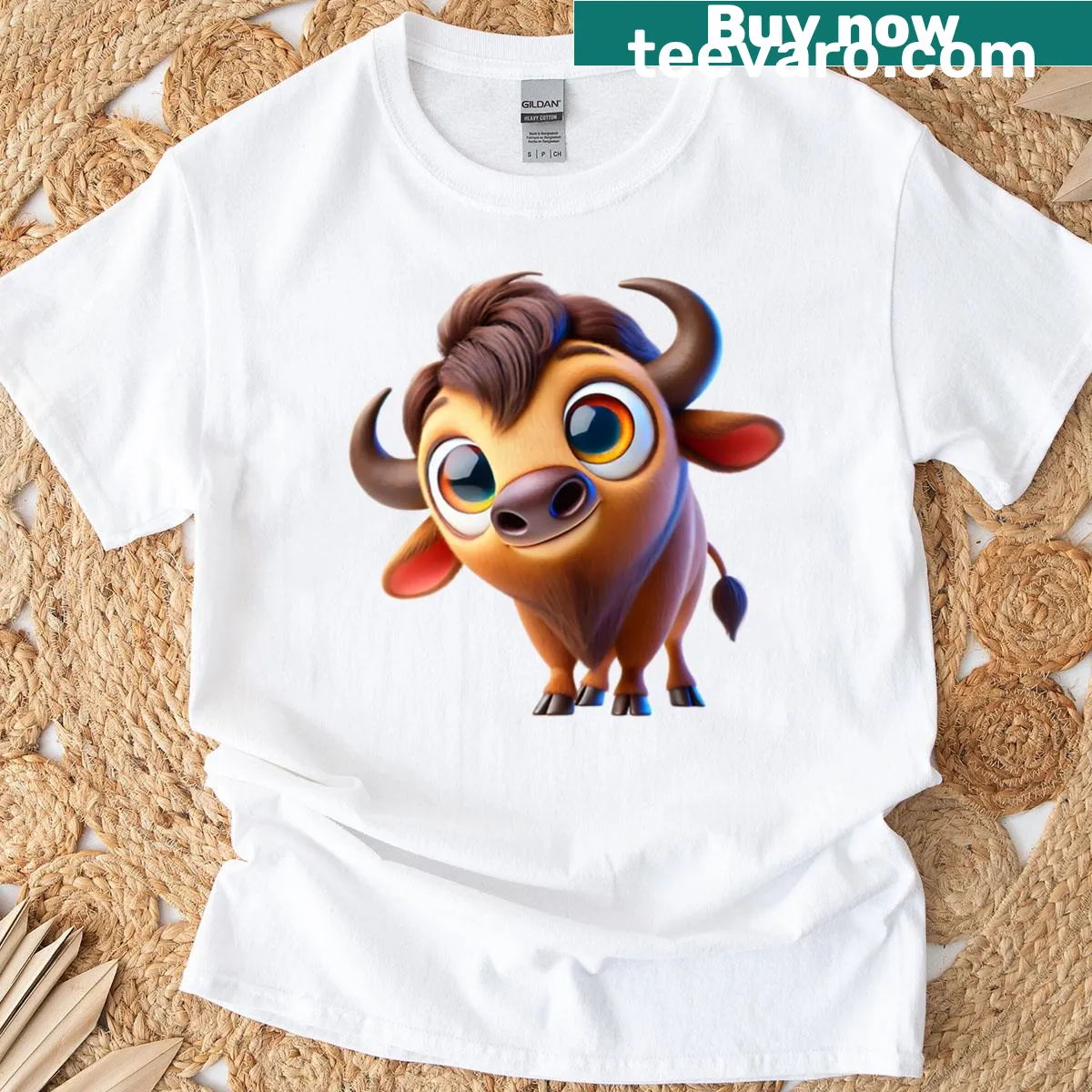 Cute T-shirt featuring an adorable bison illustration — on a men's t-shirt