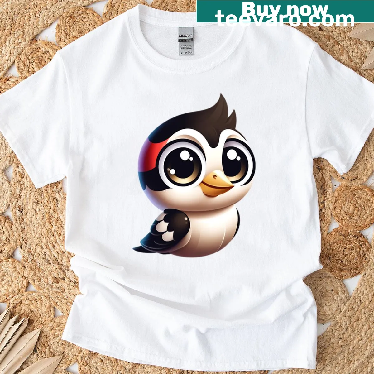 Illustrative T-shirt of an adorable downy woodpecker — on a men's t-shirt