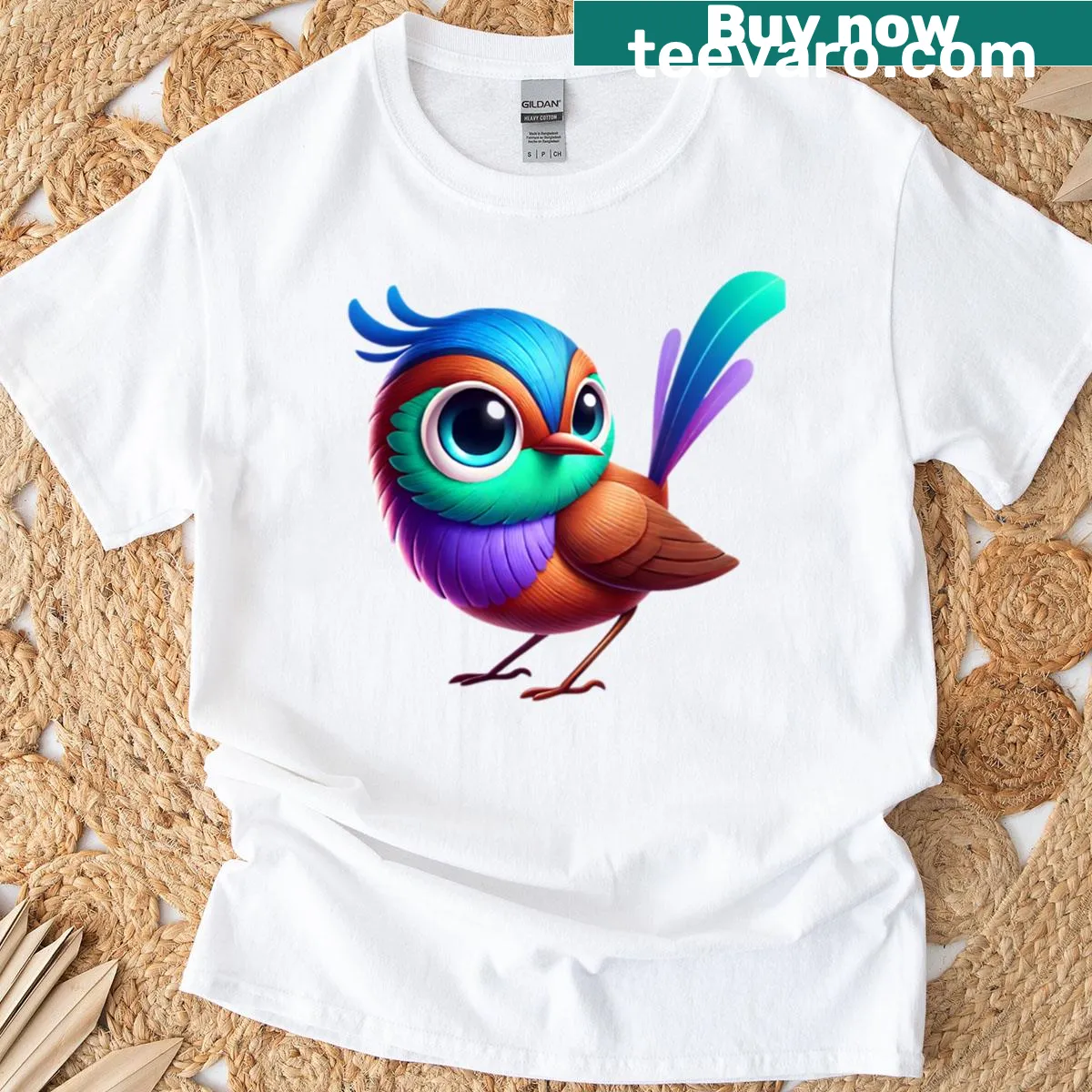 Graphic of a fairy wren on an oversized t-shirt — on a men's t-shirt
