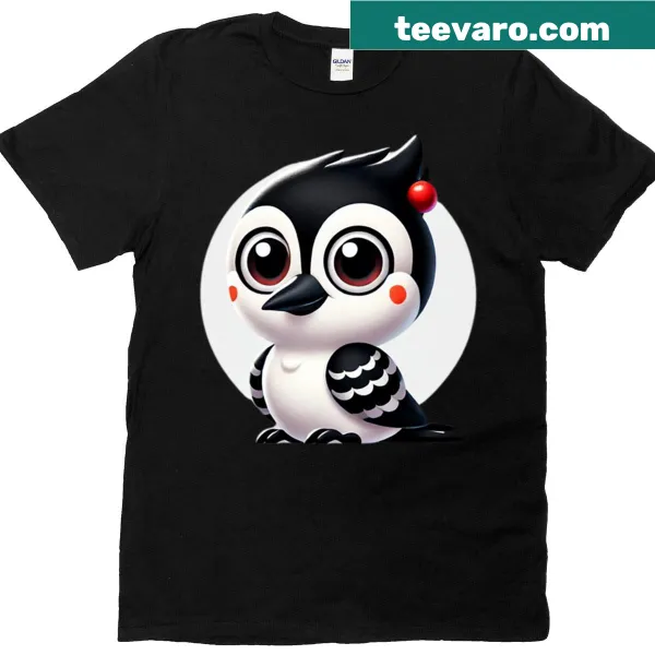 T-shirt with an illustration of an adorable hairy woodpecker